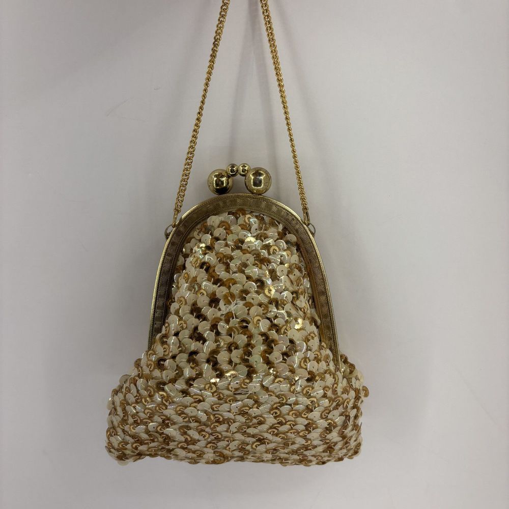 Vintage 1950s Sequin Evening Bag Gold-Iridescent White Metal Frame Purse